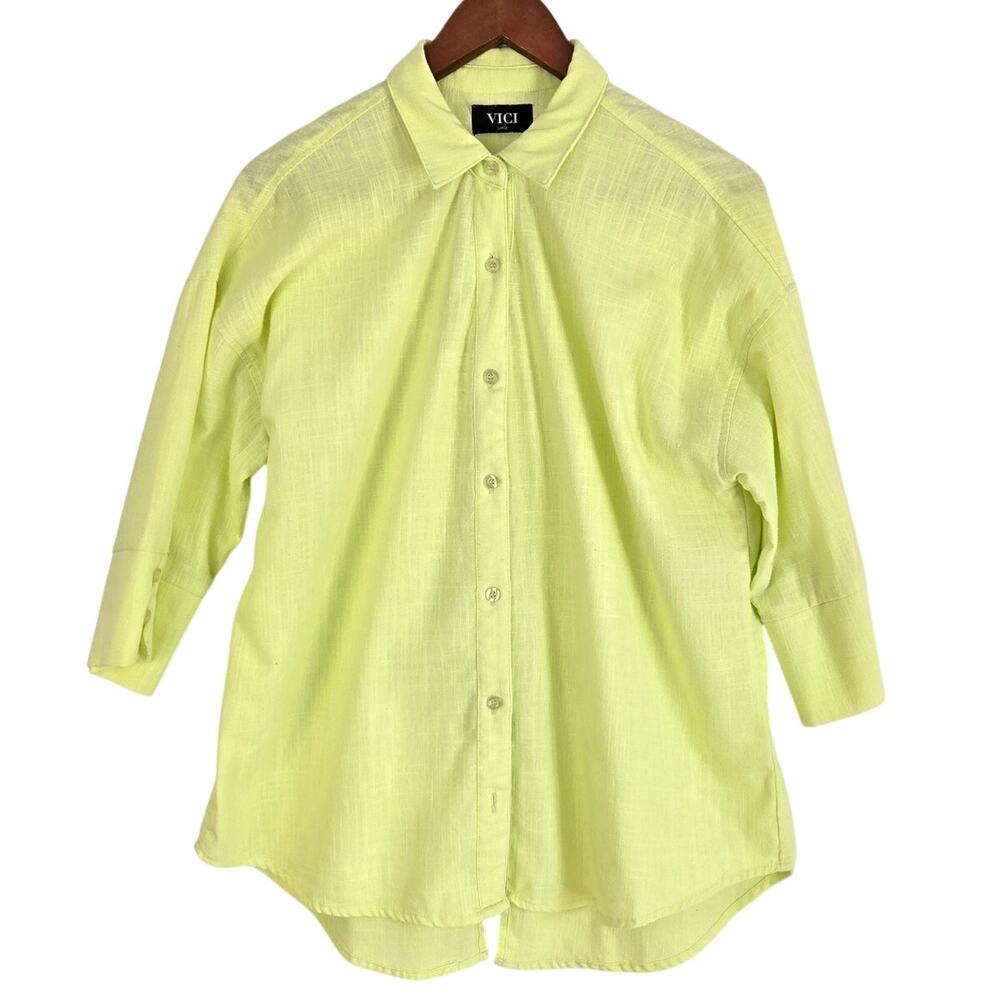 Unstructured Chartreuse Linen Relaxed Lightweight Coastal Resortwear Shirt Large